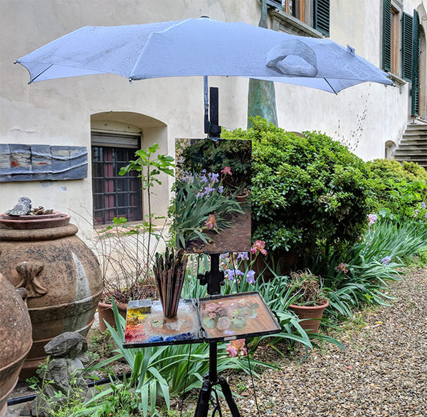 Carbon fiber pochade box, mast, and Senz umbrella for painting in the rain.
