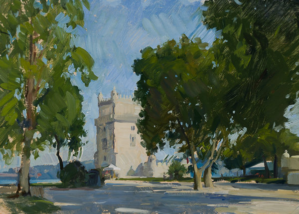 Plein air painting of the Belem Tower in Lisbon, Portugal.