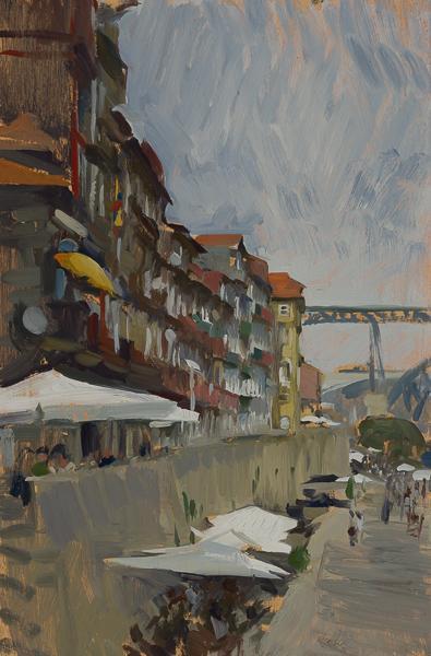 Plein air painting of buildings in Porto, Portugal.