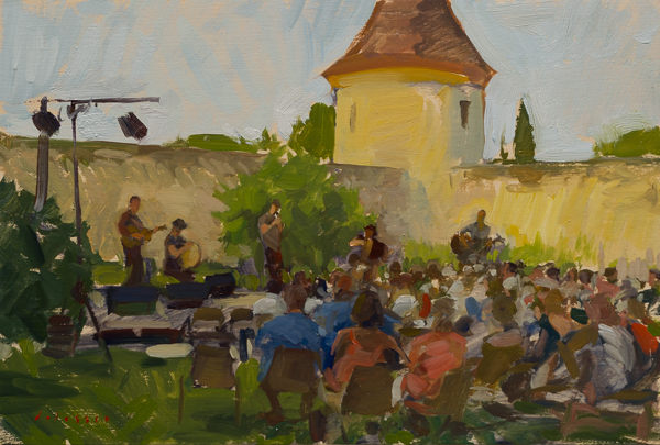 Plein air painting of a concert.