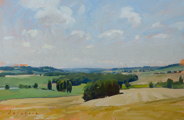Plein air landscape painting of fields and rolling hills in the Gers.