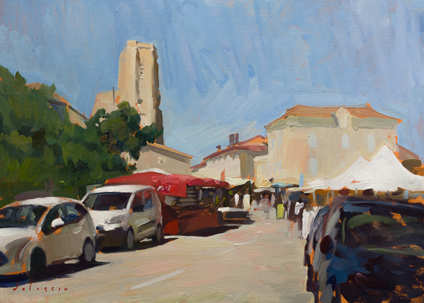 Plein air painting of market day in Lectoure.