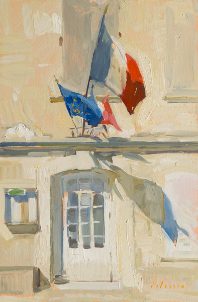 Plein air painting of French flags on Bastille Day.
