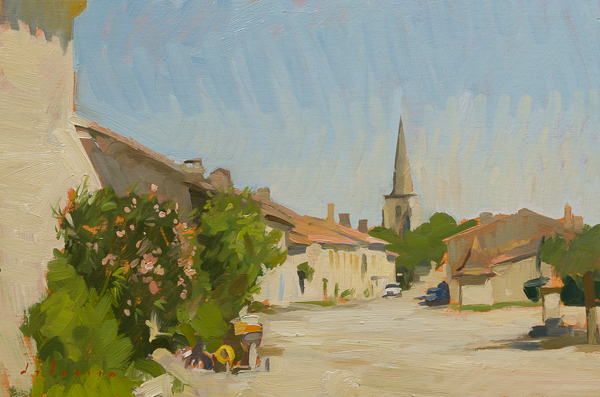 Plein air painnting of the village of Plieux in the Gers.