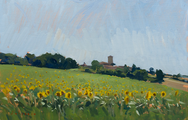 Plein air landscape painting of a field of sunflowers below Plieux in the Gers.