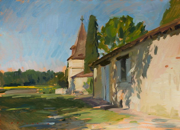 Plein air painting of a pigeonnier in Plieux.