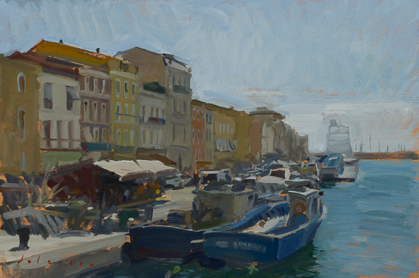 Oil painting of boats in Sète.