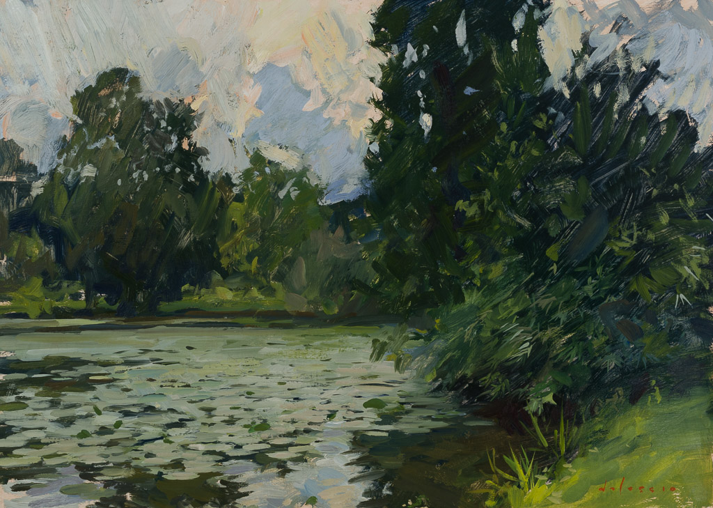 Oil painting of a pond in Northern France.