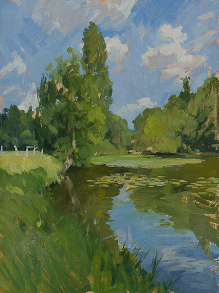 Oil painting of a pond in France.