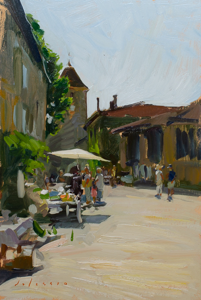 Plein air oil painting of a brocante market in France.