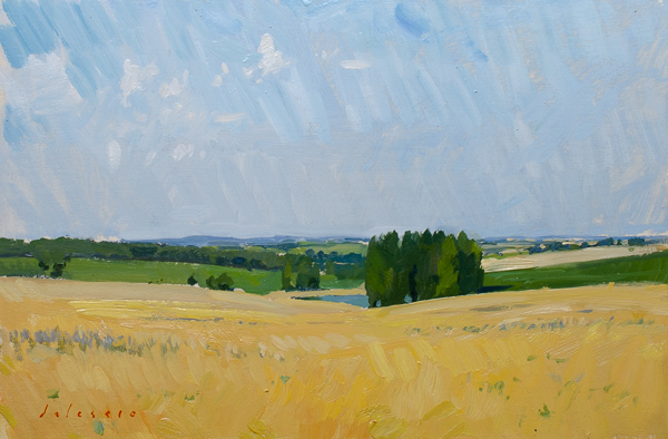 Plein air painting of chickpea fields.