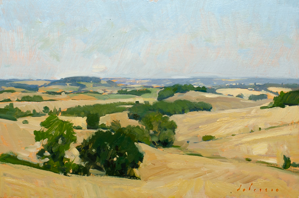 Plein air landscape painting of rolling hills in Gers.