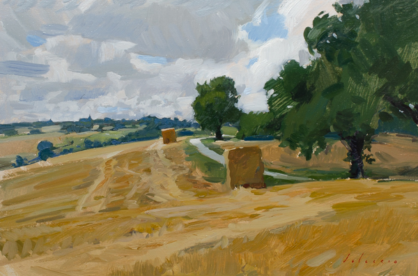 Plein air oil painting of a passing cloud in Gers, France.