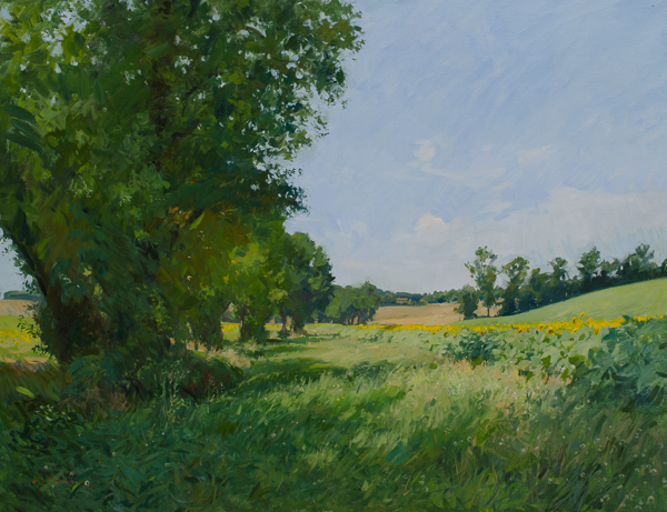 Plein air landscape painting in oils of a sunflower field in Gers.