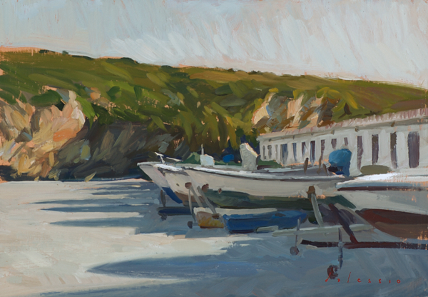 painting of fishing boats in porto covo.