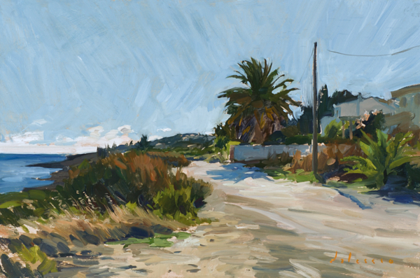 painting of a palm tree and road, praia da luz, portugal.