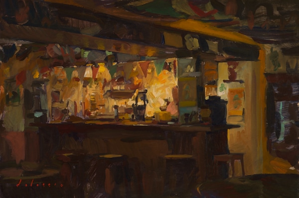 Oil painting of an Irish Pub in France.