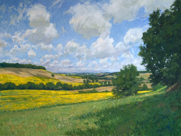 Plein air landscape painting of the view from Lavardens, Gers, France