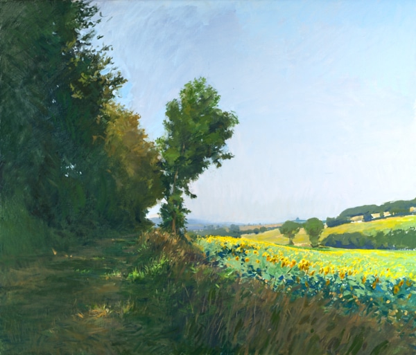 Oil painting of sunflower fields in the Gers.